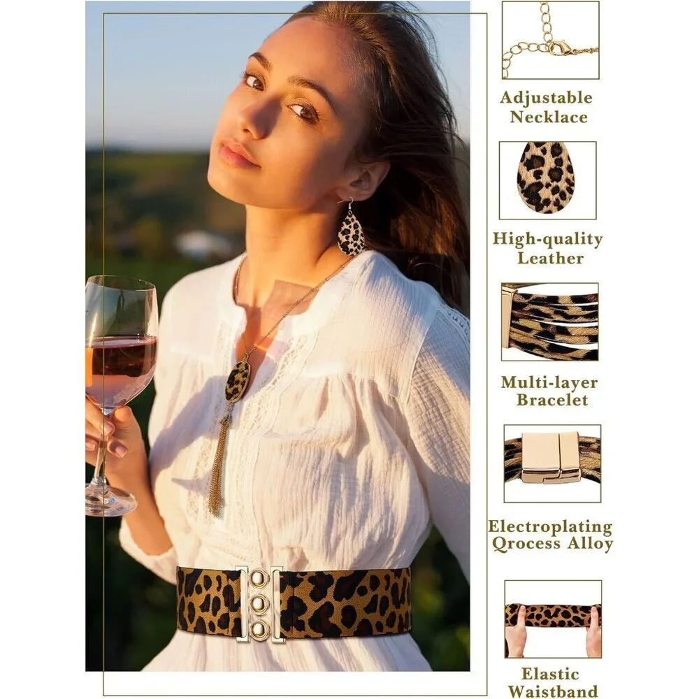 Leopard Jewelry Set Alloy Steel Earrings Necklace Bracelets Purse Belt for Women